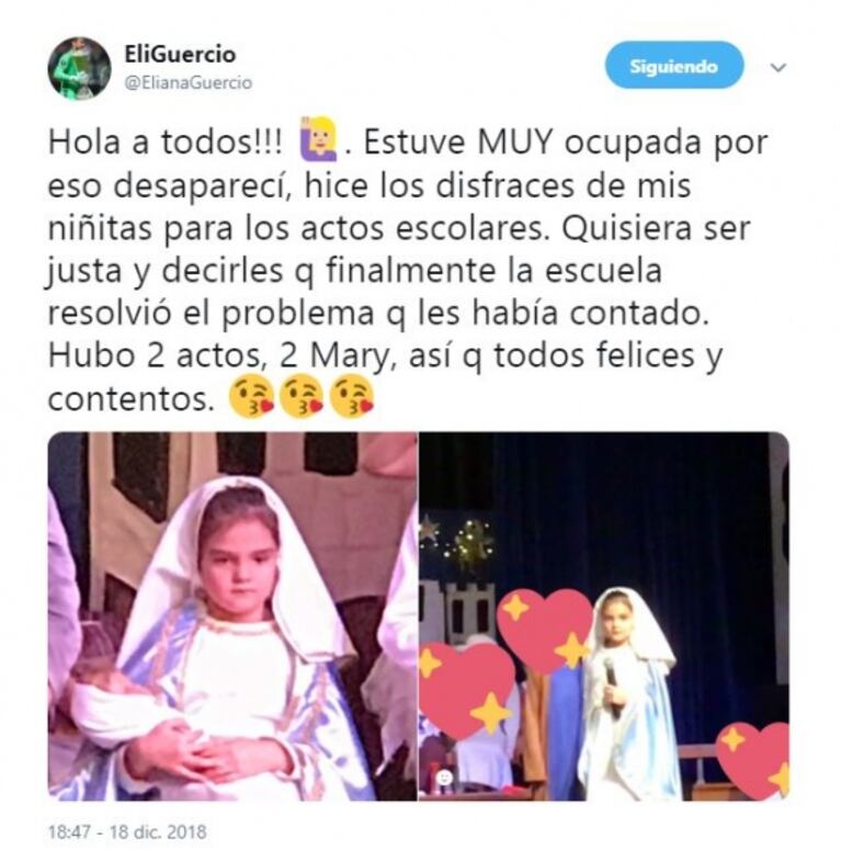 Eliana Guercio y su enojo porque a su hija le quitaron el papel de la Virgen María en una obra del colegio