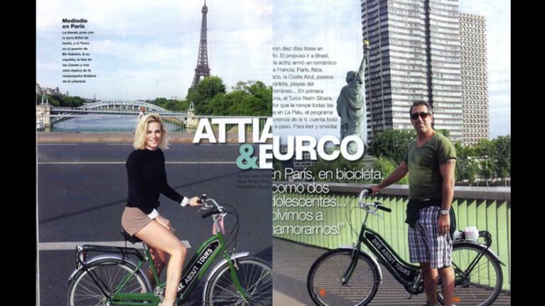 Emilia Attias y el Turco Naím, amor en bicicleta en París. (Fotos: revista Gente)