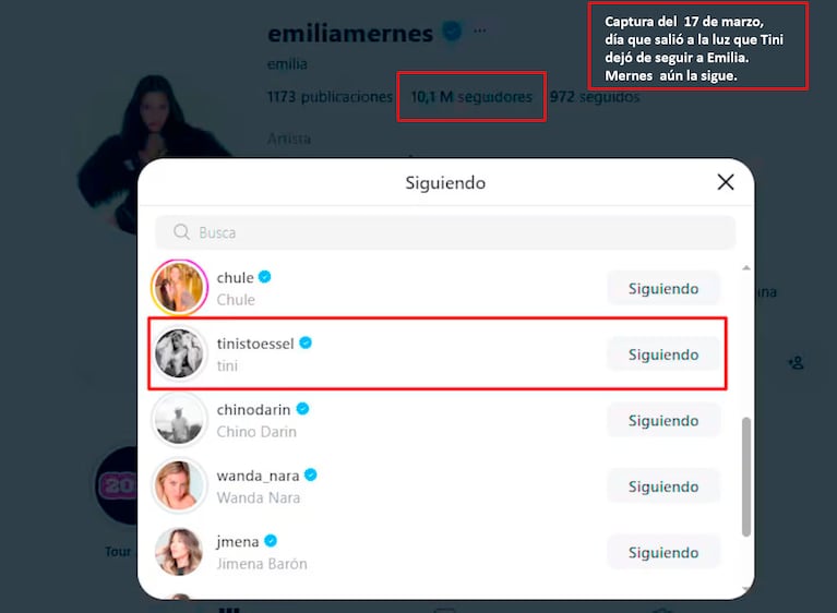 Emilia Mernes: cuántos seguidores perdió tras la pelea con Tini Stoessel (captura de Instagram)