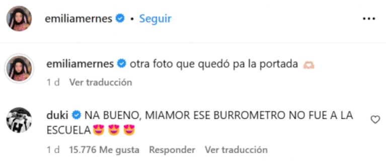 Emilia Mernes posteó una producción de alto voltaje en microbikini y Duki contestó re picante: "¡Nah!"