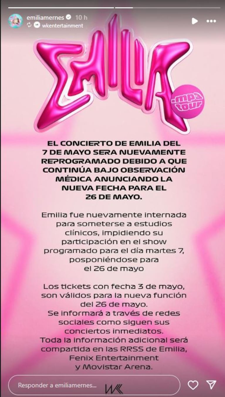 Emilia Mernes tuvo que ser internada y suspendió por segunda vez uno de sus shows en Buenos Aires