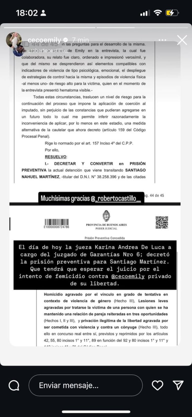 Emily Ceco compartió la resolución judicial y agradeció a su abogado Roberto Castillo. Captura Instagram