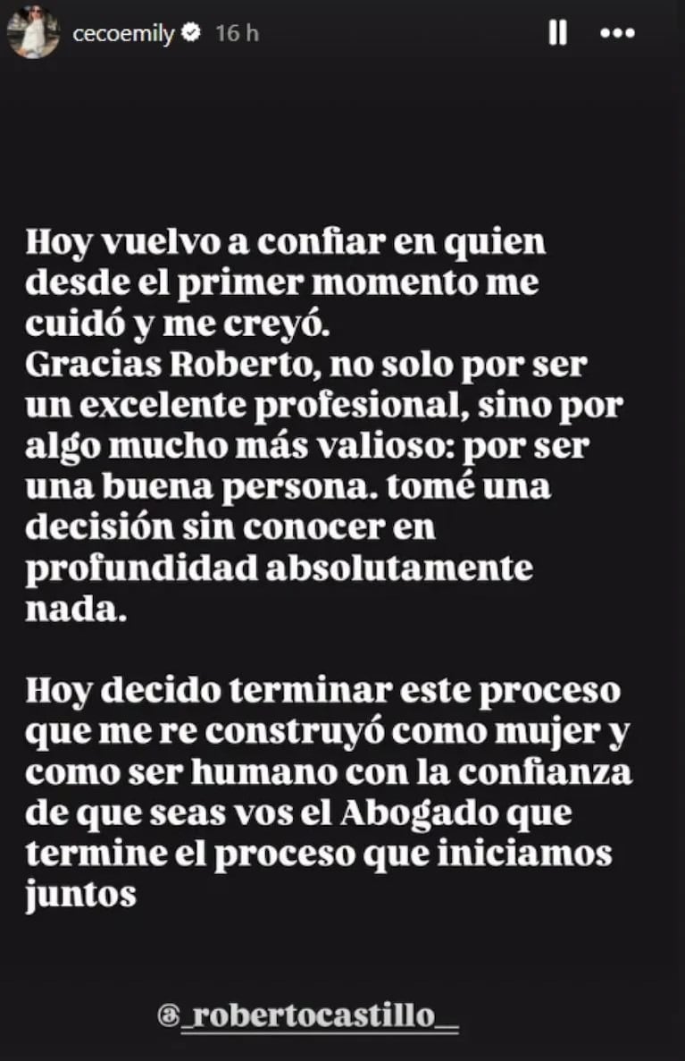 Emily Ceco volvió a confiar en Roberto Castillo y lo recontrató como su abogado en la causa contra Santiago Martínez. Crédito: Instagram