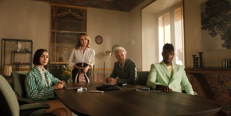 Emily In Paris. (L to R) Lily Collins as Emily, Philippine Leroy-Beaulieu as Sylvie Grateau, Bruno Gouery as Luc, Samuel Arnold as Julien in Emily In Paris. Cr. Courtesy of Netflix © 2025