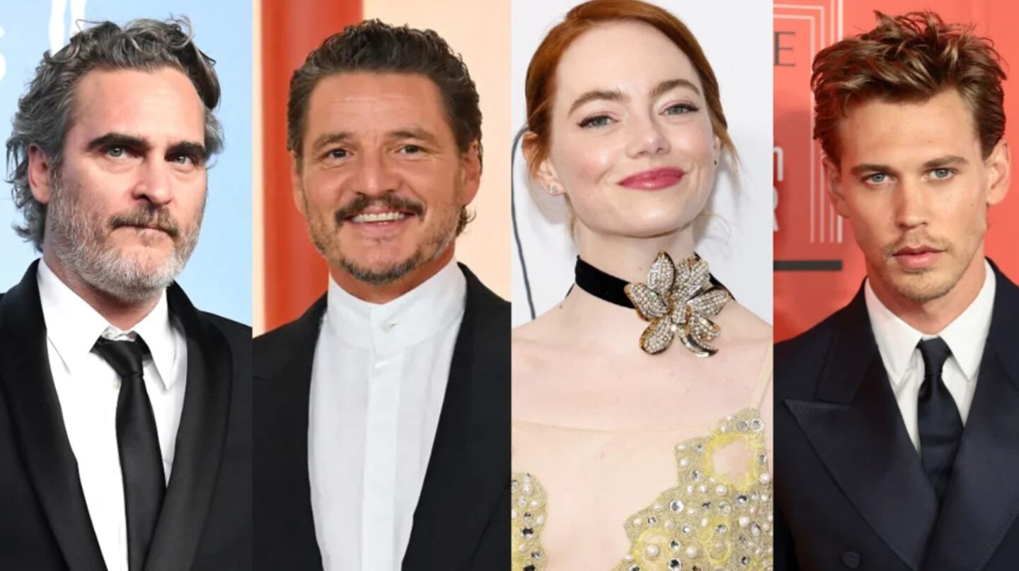 Emma Stone, Pedro Pascal, Joaquin Phoenix y Austin Butler juntos en la película “Eddington”.