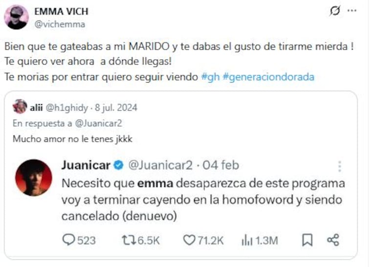 Emma Vich vs Juani Car en las redes (Foto: X @vichemma)