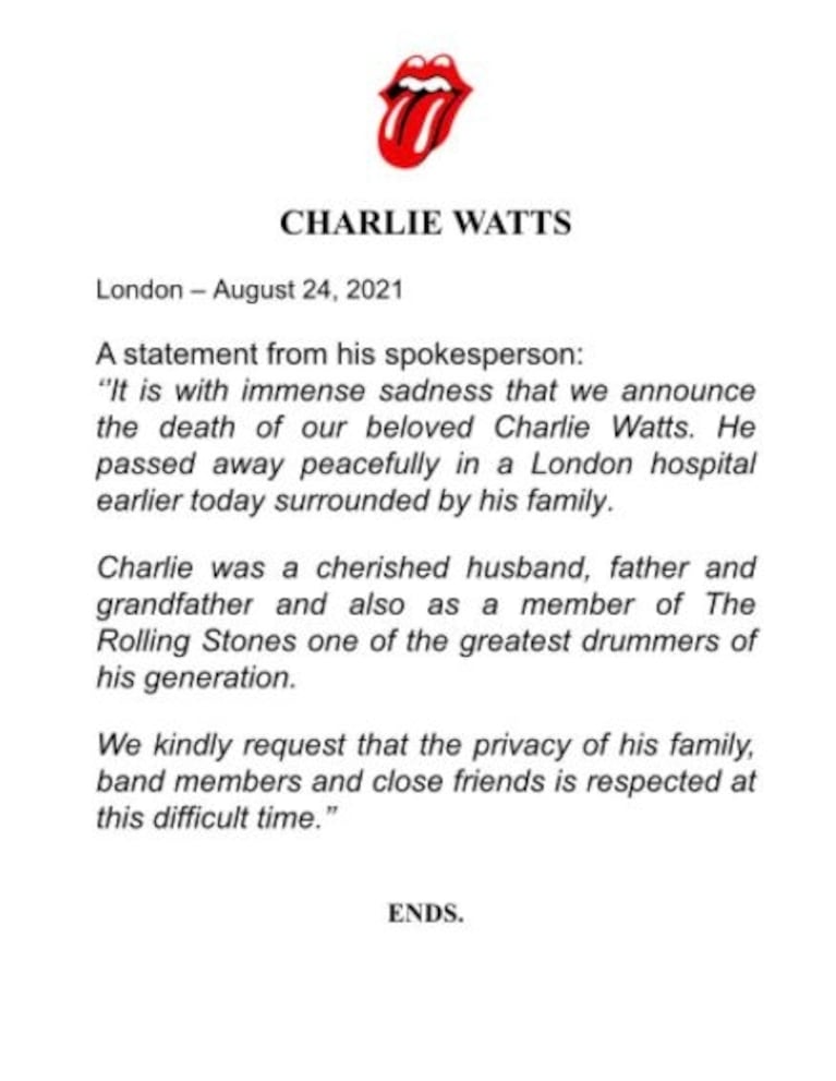 Emotivo comunicado de los Rolling Stones, tras la muerte de su baterista Charlie Watts: "Falleció en paz, rodeado de su familia"