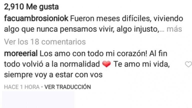 Emotivos mensajes de Morena Rial y Facundo Ambrosioni, luego de que el padre del joven recuperara su libertad