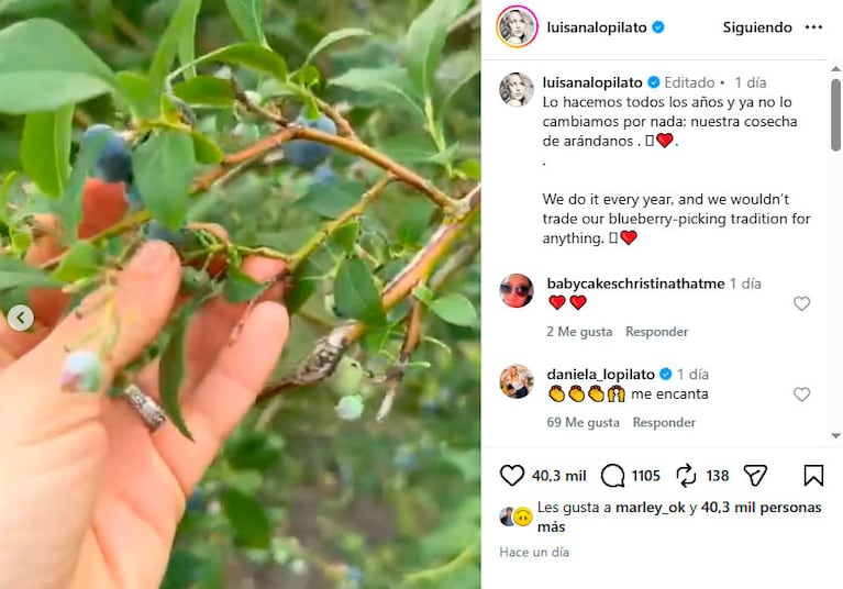 En el campo y en familia: la increíble cosecha de arándanos de Luisana Lopilato con sus hijos y sus padres (Instagram)