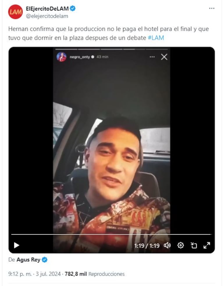 En la cuenta de LAM compartieron las historias que luego Hernán decidió eliminar. (Foto: captura Twitter/elejercitodelam)