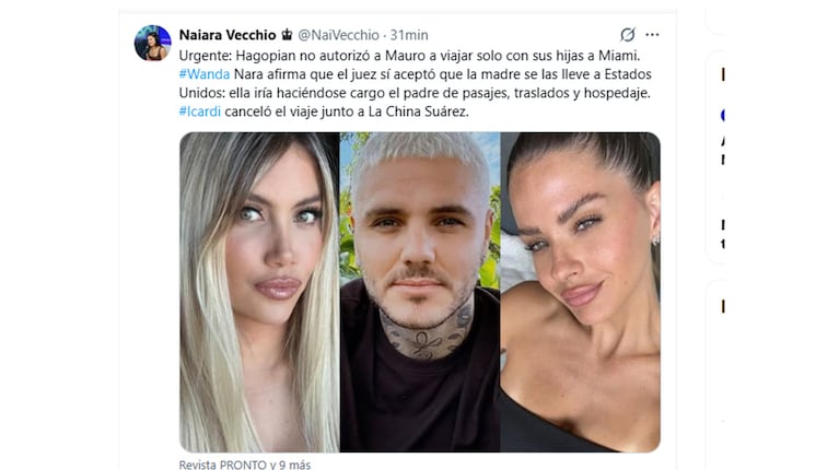 En su cuenta de X, la periodista Naiara Vecchio contó que Wanda viaja con sus hijas a Miami.