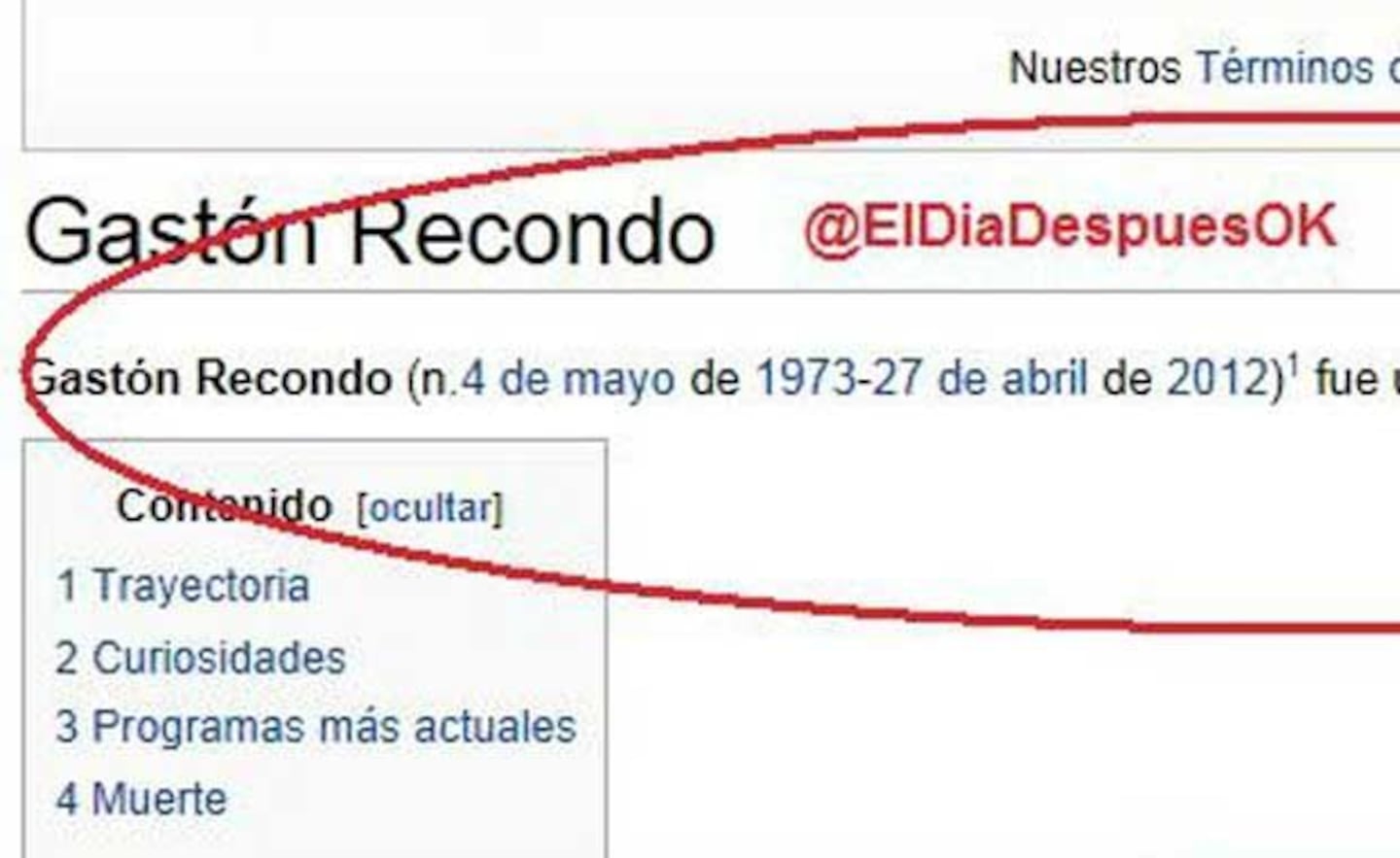 En Wikipedia por minitos se fechó la muerte de Gastón Recondo. (Foto: @eldiadespuesok)