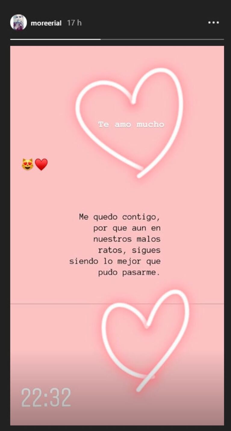 Enigmático mensaje de amor de More Rial: "Aún en nuestros malos ratos sigues siendo lo mejor que pudo pasarme"