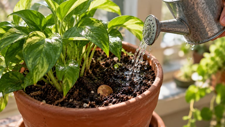 Enterrar monedas en las macetas de las plantas: para qué sirve. Foto: IA