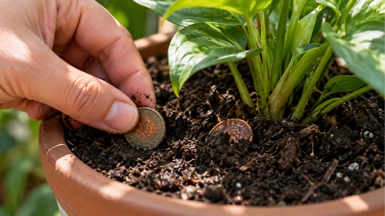 Enterrar monedas en las macetas de las plantas: para qué sirve. Foto: IA