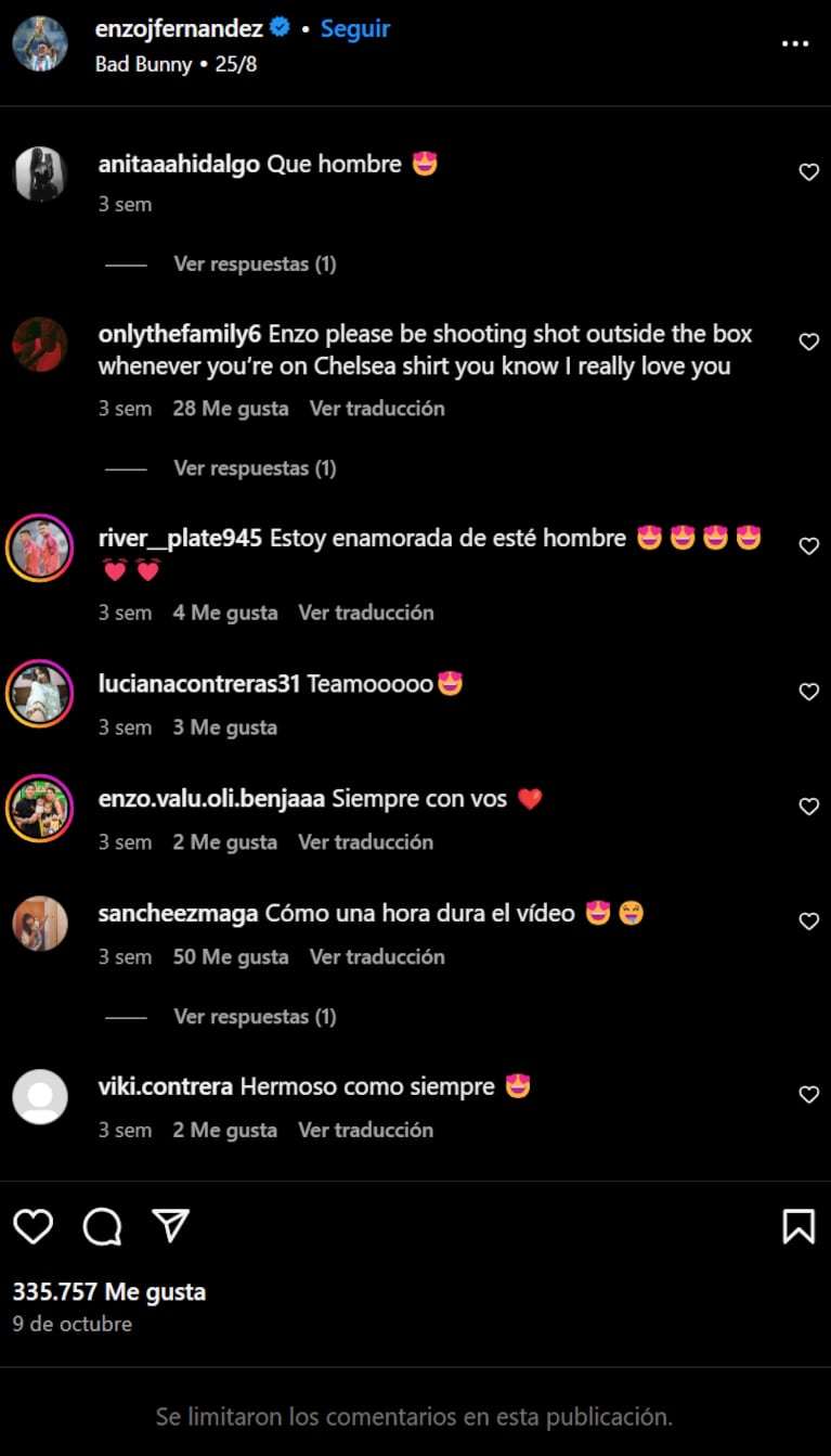 Enzo limitó sus comentarios de Instagram.