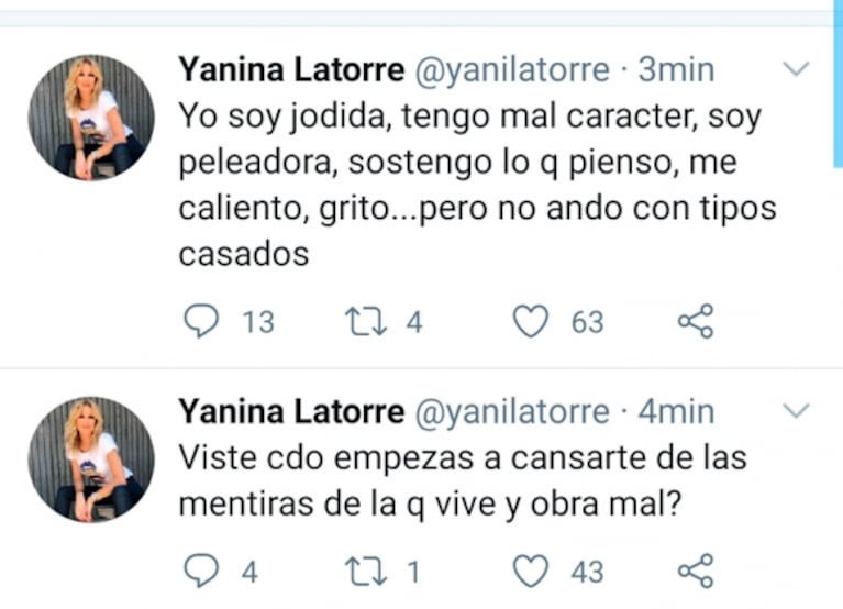 Escandalosa pelea de Yanina Latorre y Andrea Taboada en Twitter: "Yo soy jodida pero no ando con tipos casados"