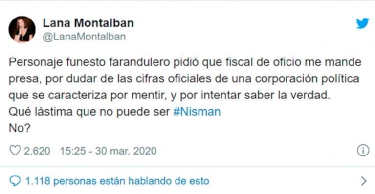 Escandalosa respuesta de Lana Montalbán a Jorge Rial: "Qué lástima que no puede ser Nisman"