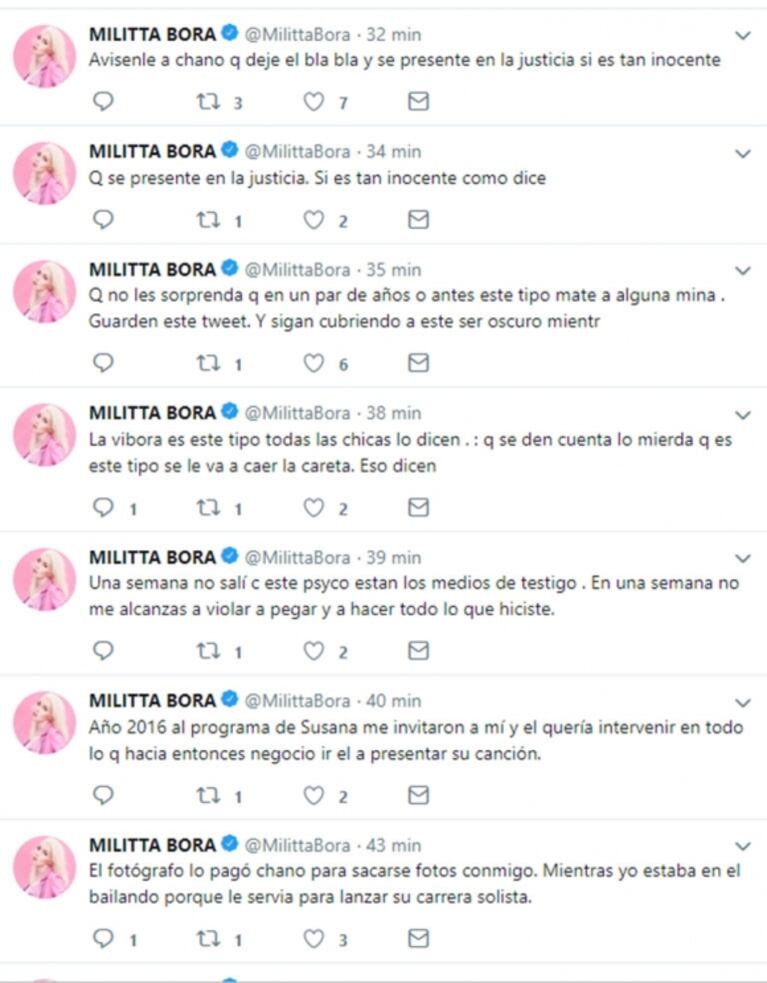 Escandaloso cruce de acusaciones entre Chano y Militta Bora: él la trató de violenta y ella estalló en Twitter