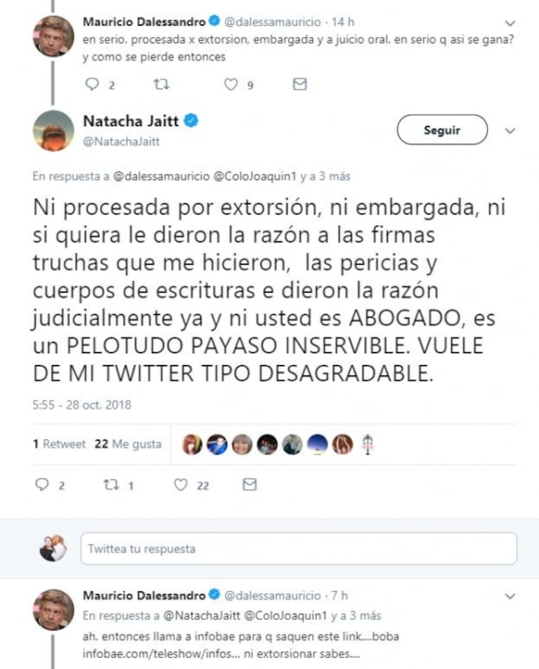 Escandaloso cruce en Twitter entre Natacha Jaitt y Mauricio D’Alessandro: fuertes y polémicos mensajes
