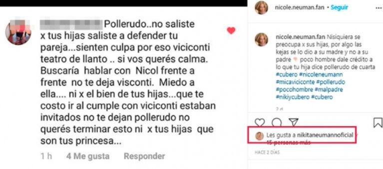 Escandaloso 'me gusta' de Nicole Neumann contra Fabián Cubero: "Pollerudo de cuarta"