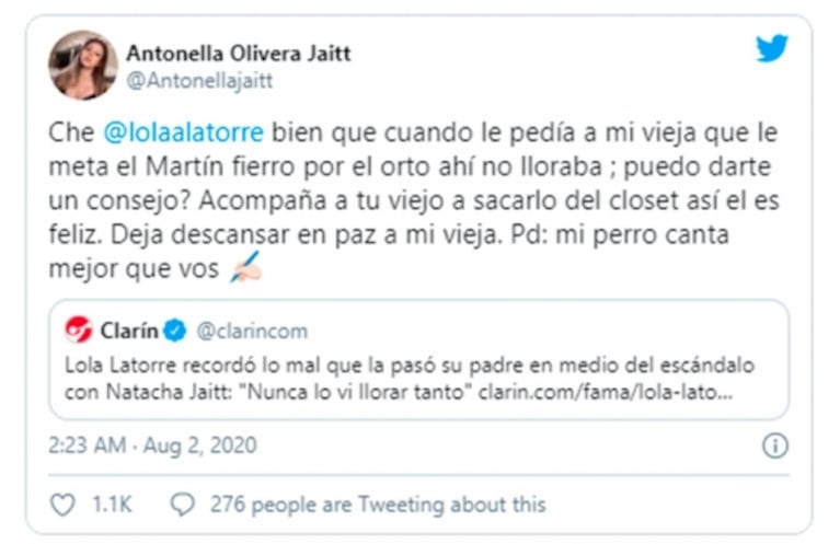 Escandaloso mensaje de Antonella, la hija de Natacha Jaitt, contra Lola Latorre: "Acompañá a tu viejo a sacarlo del closet así él es feliz"