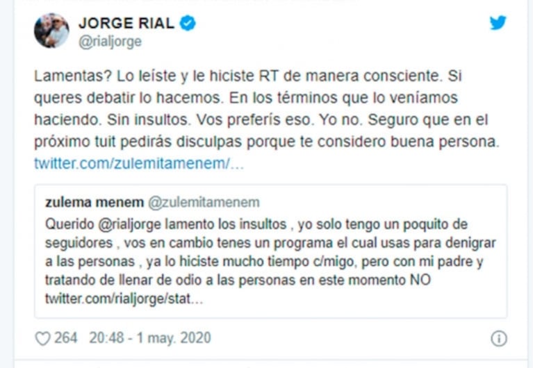 Escandaloso retweet de Zulemita Menem llamando "huevo duro" a Jorge Rial: la fuerte reacción del periodista