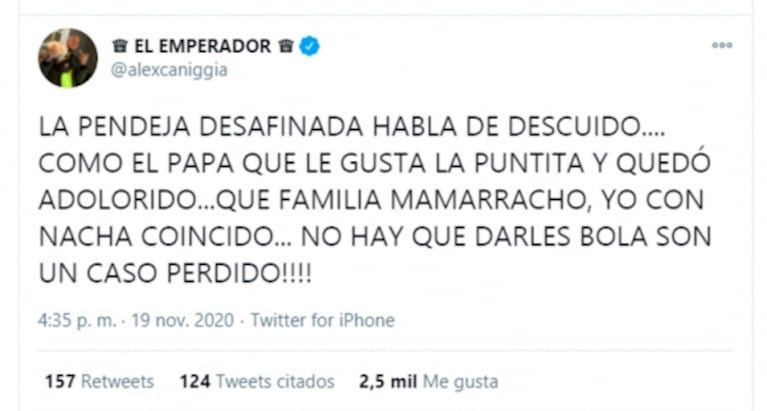 Escandaloso tweet de Alex Caniggia contra Yanina Latorre y su familia: "¡No hay que darles bola porque son un caso perdido!"