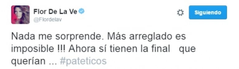 Escandaloso tweet de Flor de la Ve tras la eliminación de Fede Bal y Laurita de Bailando 2016: "Se le vieron los hilos, arreglado desde el día uno"