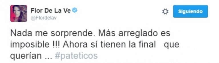 Escandaloso tweet de Flor de la Ve tras la eliminación de Fede Bal y Laurita de Bailando 2016: "Se le vieron los hilos, arreglado desde el día uno"