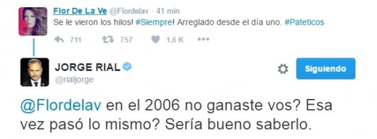 Escandaloso tweet de Flor de la Ve tras la eliminación de Fede Bal y Laurita de Bailando 2016: "Se le vieron los hilos, arreglado desde el día uno"