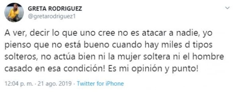 Escandaloso tweet de Greta Rodríguez contra Alina Moine por el rumor de romance con Marcelo Gallardo