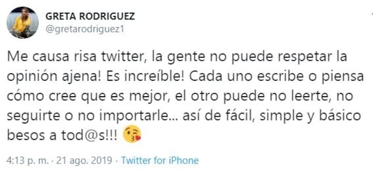 Escandaloso tweet de Greta Rodríguez contra Alina Moine por el rumor de romance con Marcelo Gallardo