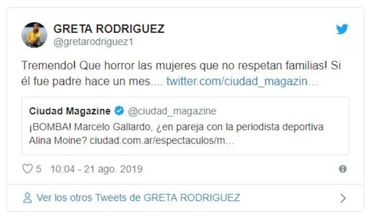 Escandaloso tweet de Greta Rodríguez contra Alina Moine por el rumor de romance con Marcelo Gallardo