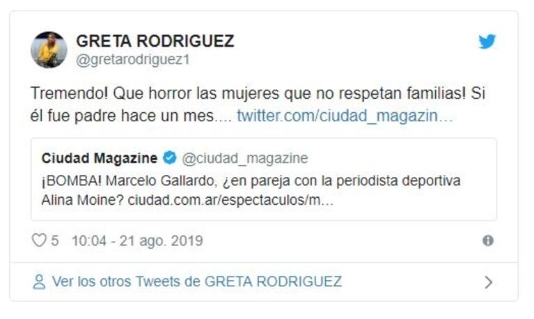 Escandaloso tweet de Greta Rodríguez contra Alina Moine por el rumor de romance con Marcelo Gallardo