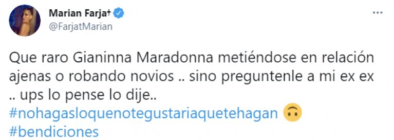 Escandaloso tweet de Marian Farjat contra Gianinna Maradona: "Qué raro ella robando novios"