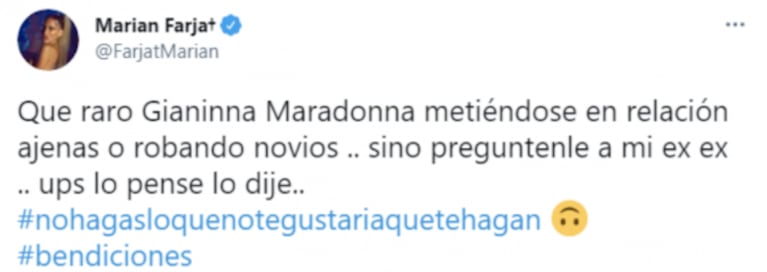 Escandaloso tweet de Marian Farjat contra Gianinna Maradona: "Qué raro ella robando novios"