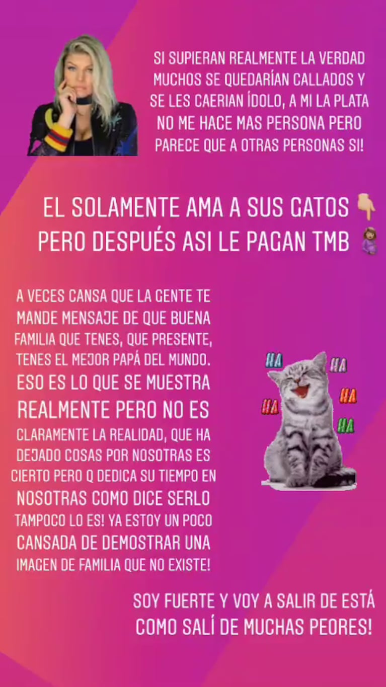 Escandalosos mensajes de Morena Rial contra su papá: "Solamente ama a sus gatos, pero después así le pagan"