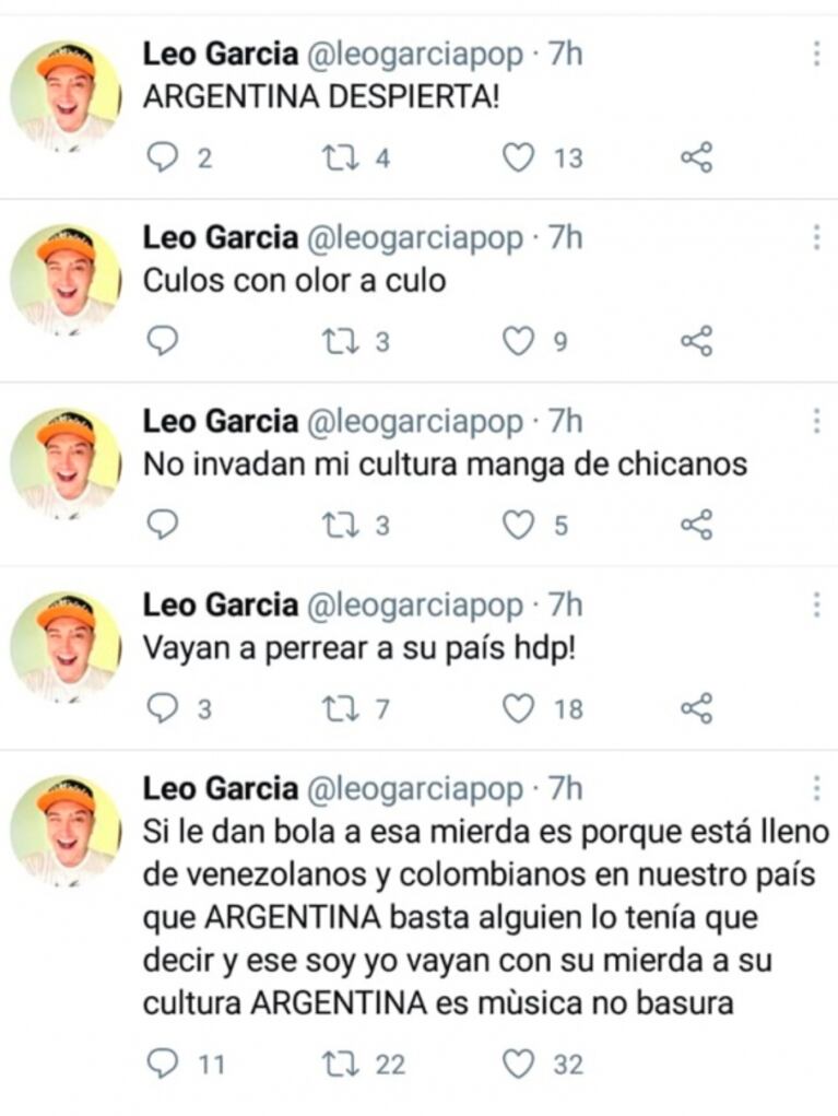 Escandalosos mensajes xenófobos de Leo García contra los colombianos y venezolanos: "Vayan a perrear a su país, hijos de p..."
