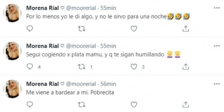 Escandalosos tweets de More Rial con insultos para una misteriosa mujer: "Yo no le sirvo para una noche"