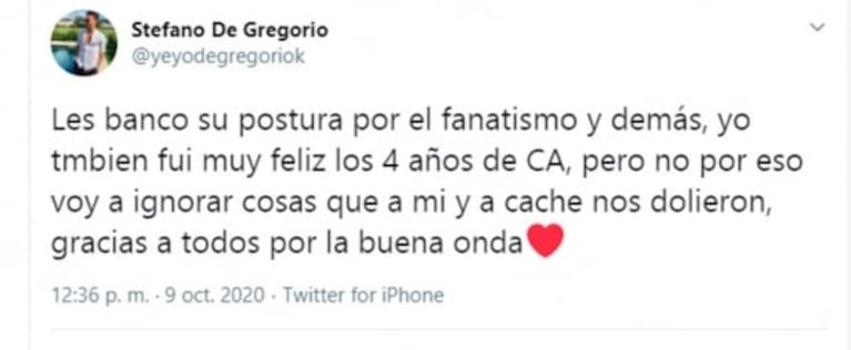 Escandalosos tweets de Stefano De Gregorio contra Nico Vázquez tras su saludo a Cachete Sierra