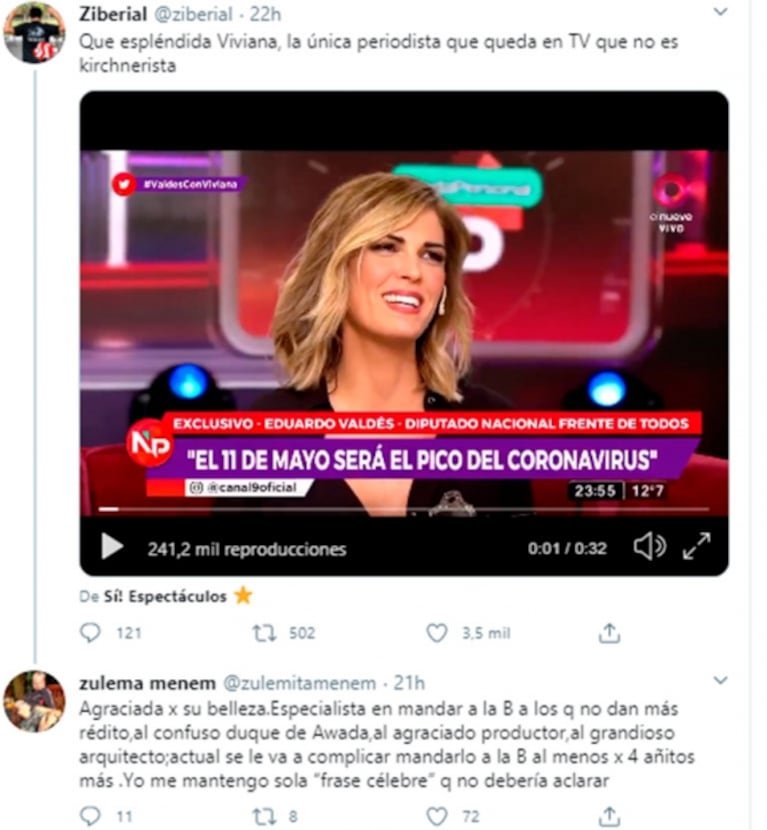 Escandalosos tweets de Zulemita Menem contra Viviana Canosa: "Por ese demonio casi pierdo un embarazo"