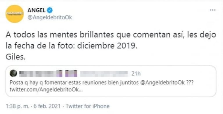 Estalló Ángel de Brito por una foto cuestionándolo por el distanciamiento social en una reunión: "Giles"