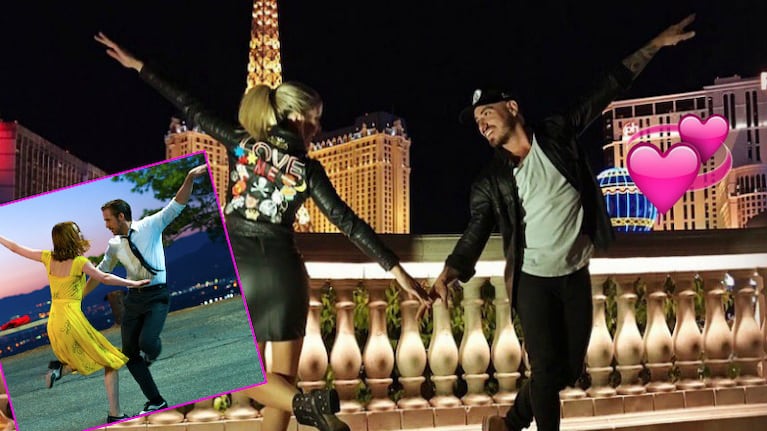 ¡Están a full! La divertida foto de Laurita Fernández y Federico Bal imitando el famoso póster de la película La La Land (Foto: Instagram y Web)