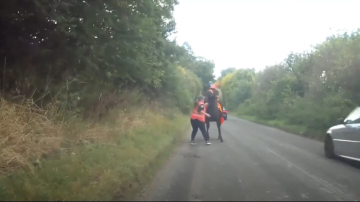 Este es el momento en que un BMW pasa a toda velocidad cerca de un caballo que tenía como jinete a una niña de 11 años