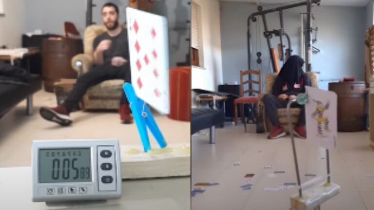 Este hombre es capaz de lanzar una carta a varios metros de distancia y encajarla en una pinza de ropa
