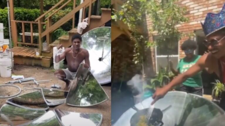 Este joven cocina con el sol utilizando su propia cocina al aire libre hecha de paneles solares