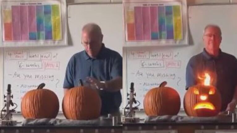 Este profesor hace un experimento y talla una calabaza de Halloween haciéndola explotar por los aires