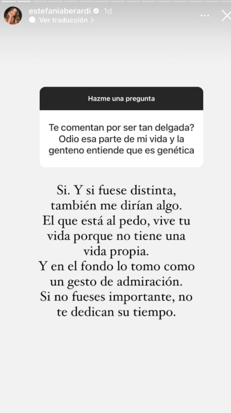 Estefanía Berardi cruzó fuerte a quienes critican su cuerpo: “Si fuese distinta, también me dirían algo”