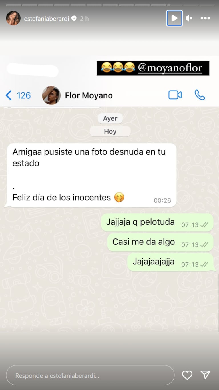 Estefanía Berardi mostró la broma que le hizo Flor Moyano por el Día de los Inocentes: “Casi me da algo”